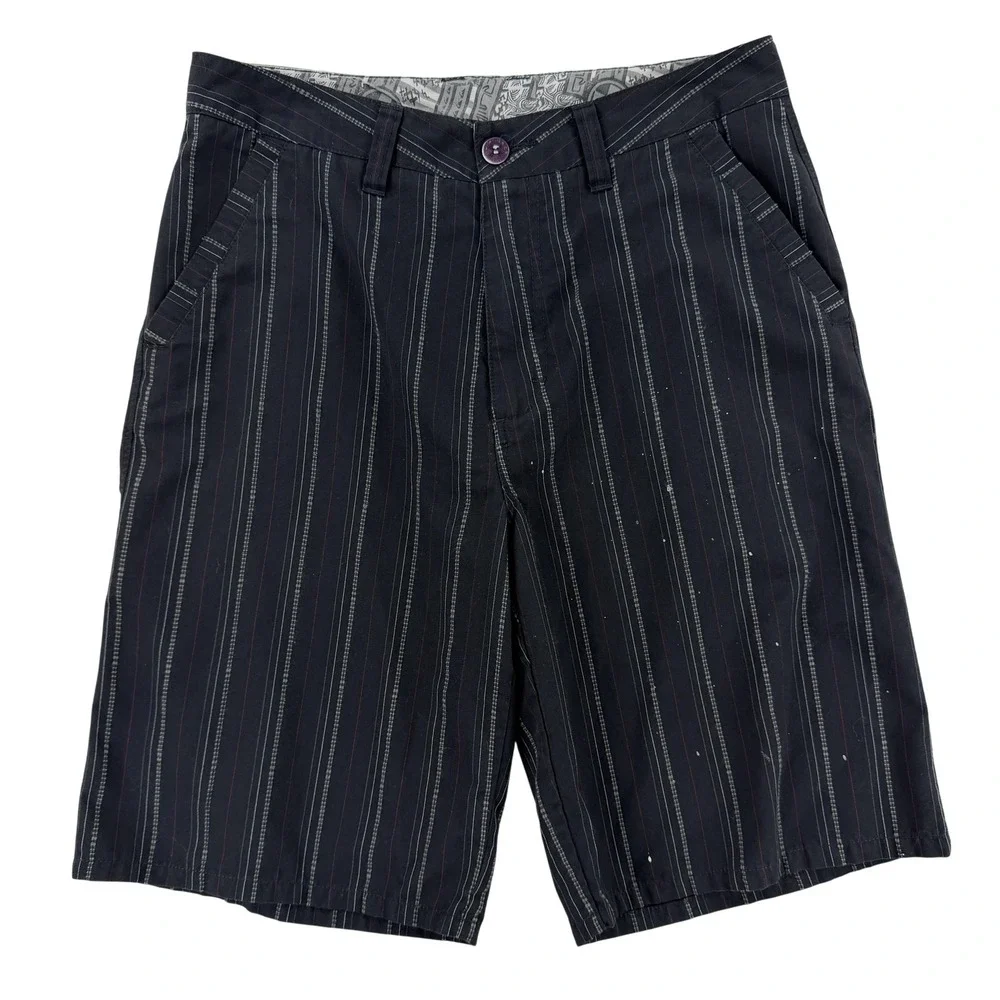 Quiksilver Shorts Mens 32 Black Striped Chino Canvas Bermuda Skull Casual Y2K